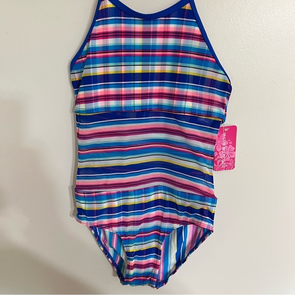 NWT Girls Gossip Girl 1 Piece Swimsuit Striped With Sheer Belly Area Size 8 - Picture 2 of 14